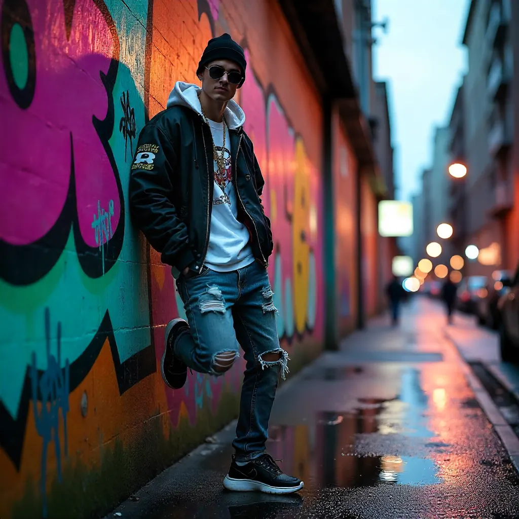 Vibrant Graffiti Wall Street Fashion Pose