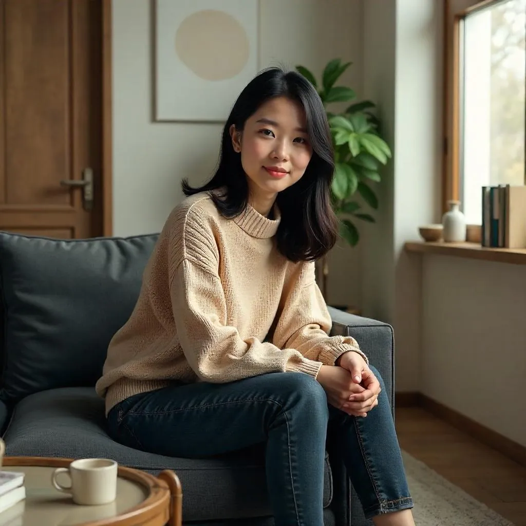 3D Render: Young Asian Woman in a Living Room