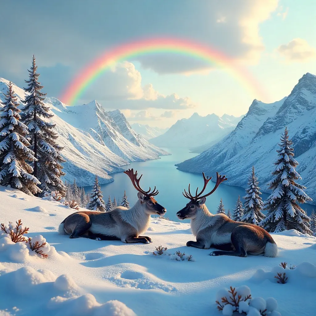 Reindeer Rest on Snowy Norwegian Mountain Under Rainbow