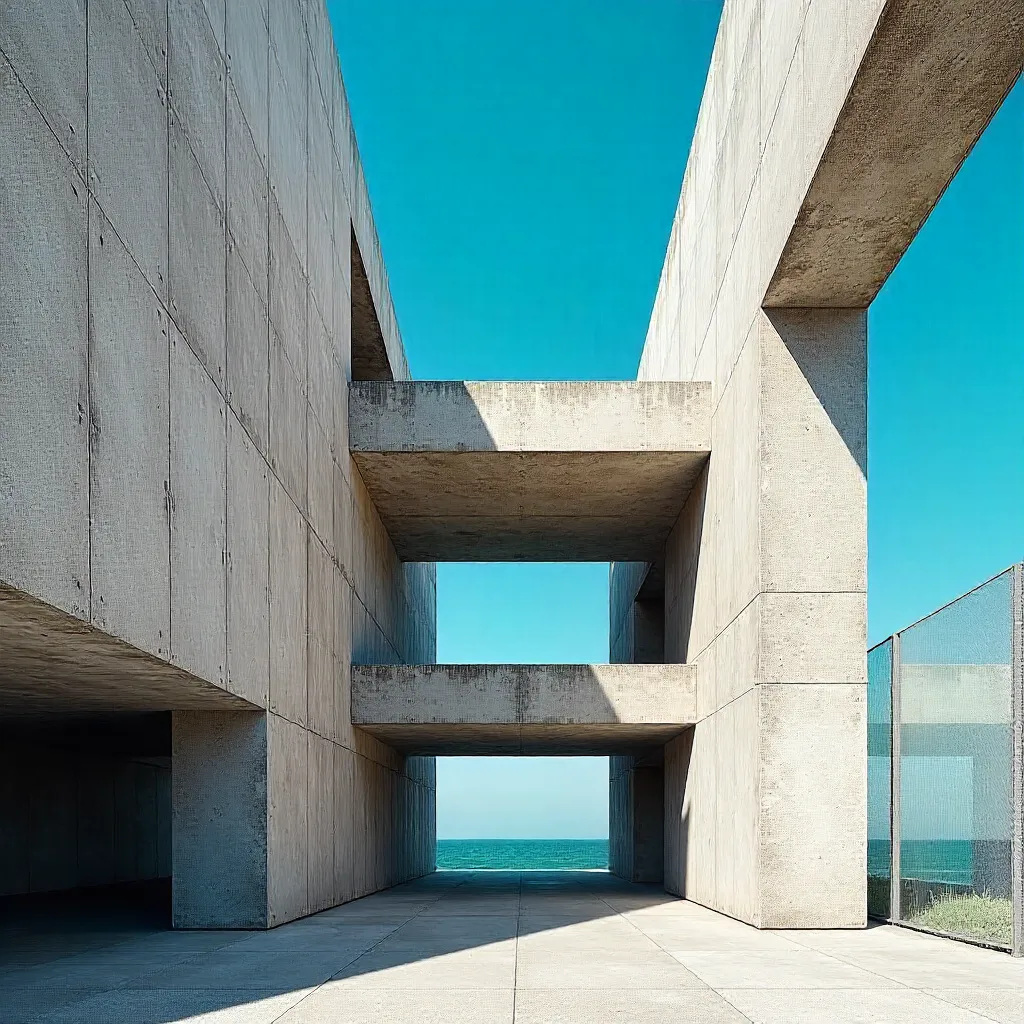 Abstract Brutalist Concrete in Le Havre Under Blue Sky
