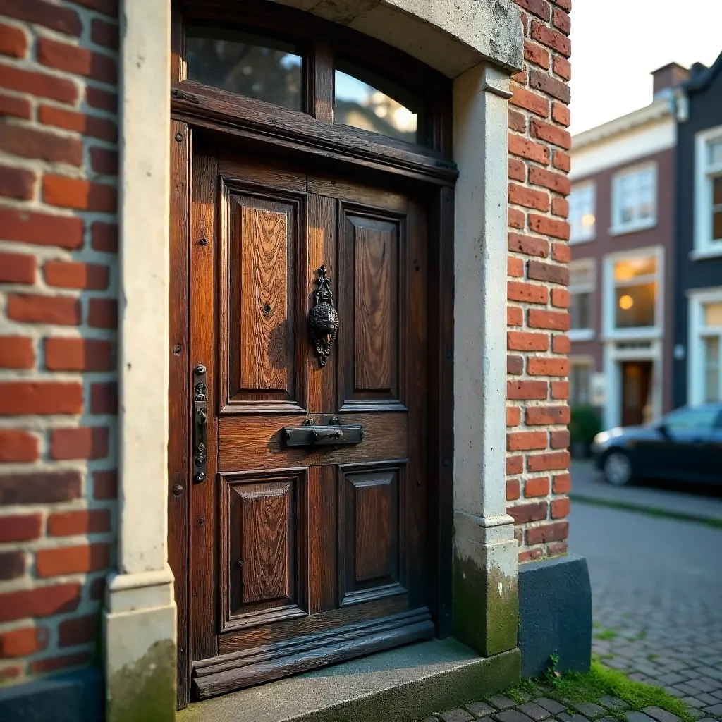 Intricate Door on Amsterdam Brick Facade