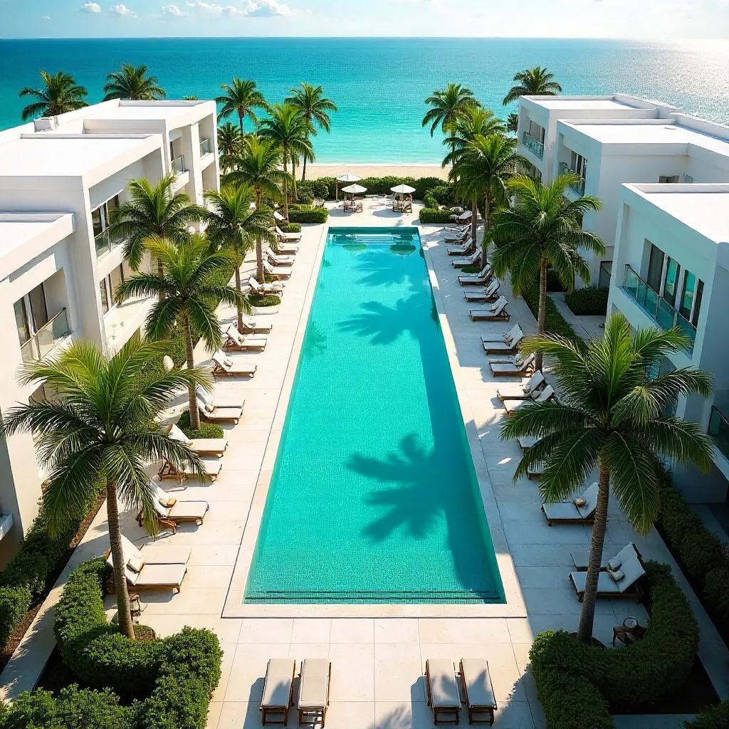 Aerial View of Luxury Resort Pool with Villas and Palms