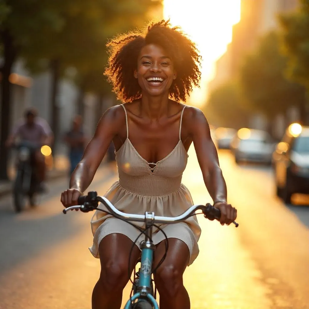 Photorealistic Black Woman Riding a Bicycle at Golden Hour