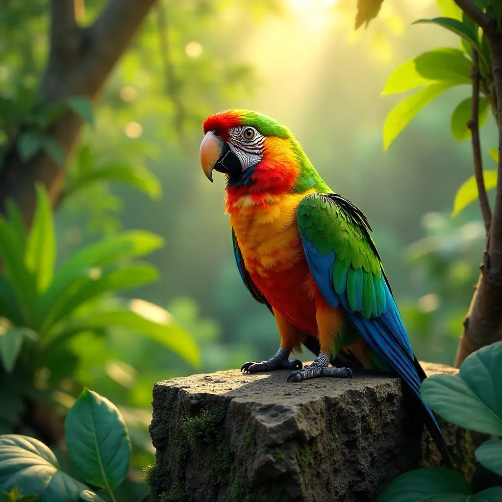 Sunlit Colorful Parrot on Stone Amid Green Foliage