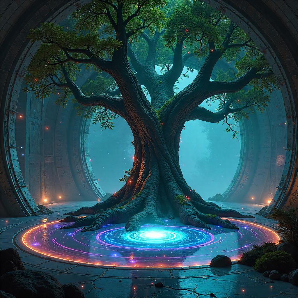 Tree in a Portal Chamber: Neon Digital Fantasy
