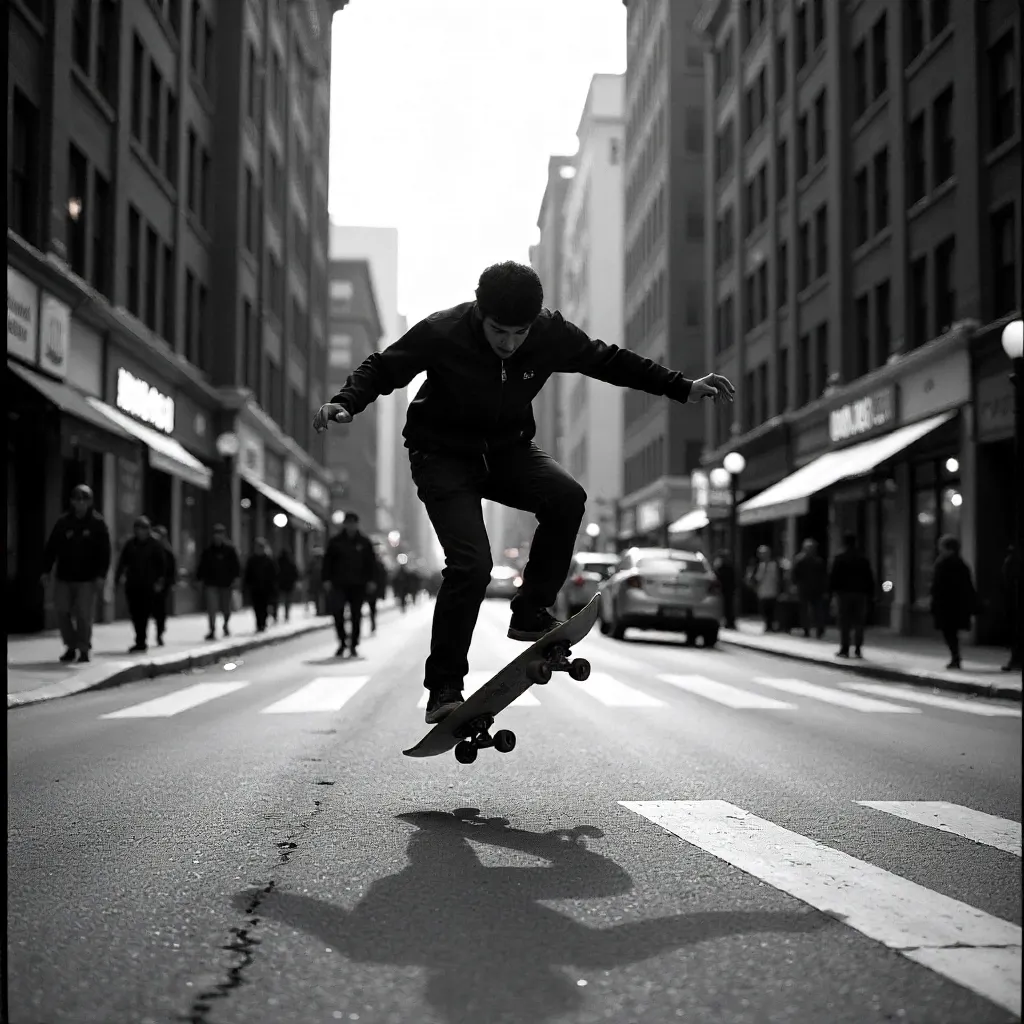 Low-Angle Monochrome Ollie on City Street