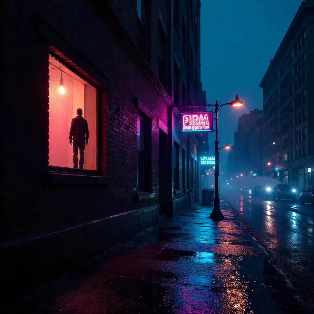 Neon Window: A Lone Figure in the Rain