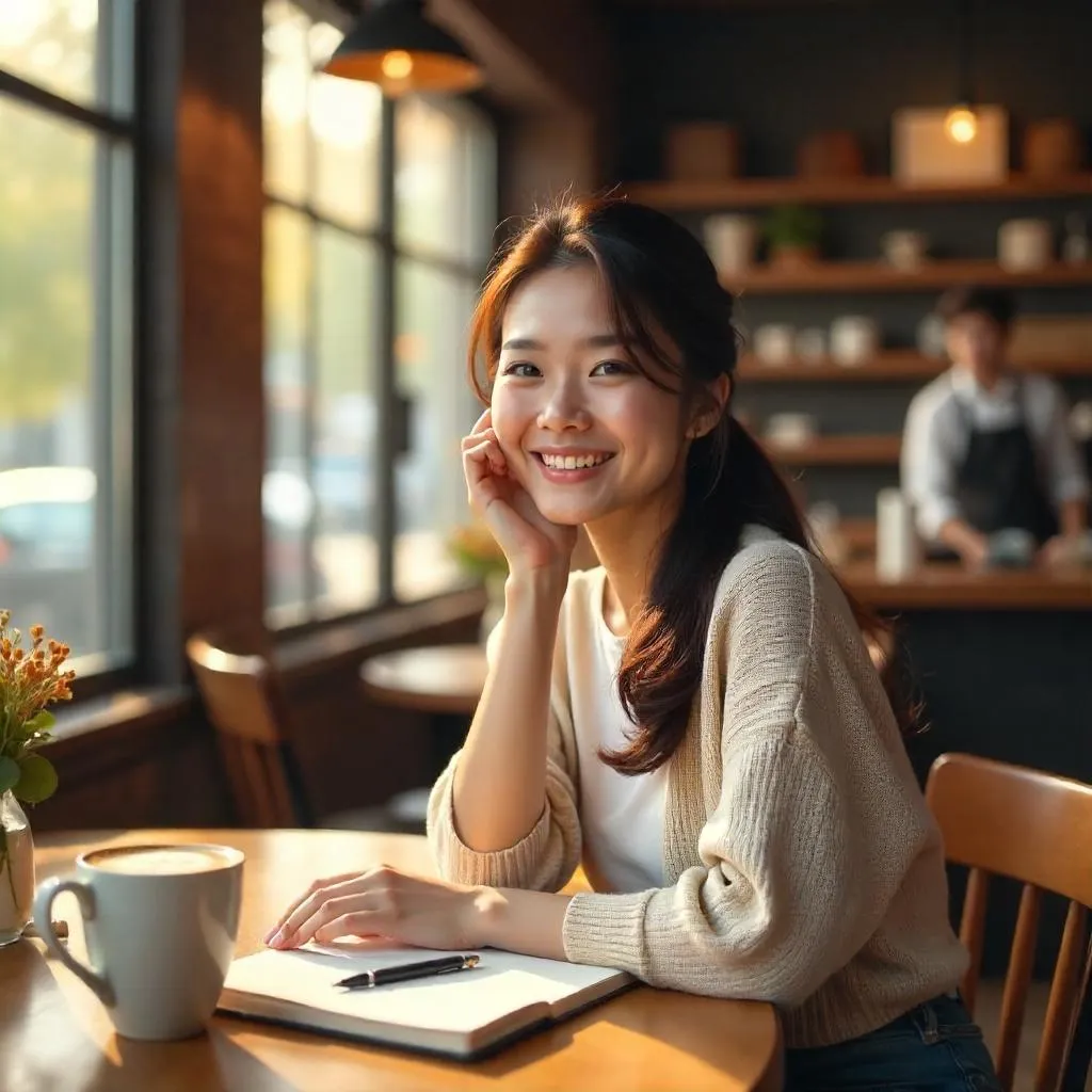 Cheerful Asian Girl in a Cozy Coffee Shop