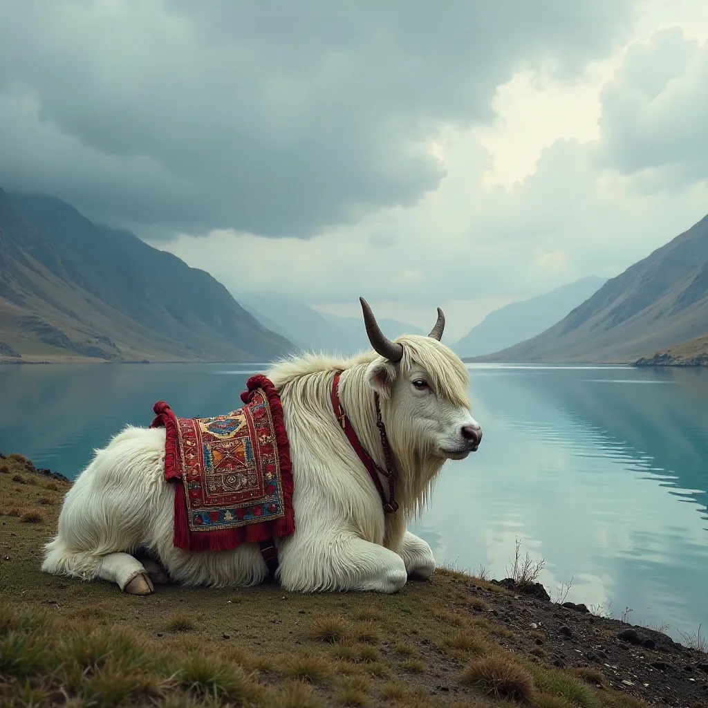 Serene White Yak by a Chinese Lakeshore Under Cloudy Sky