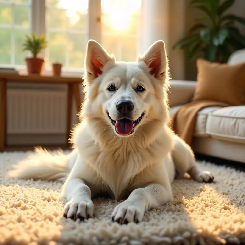 Cozy White Dog Lounging on a Warm Carpet