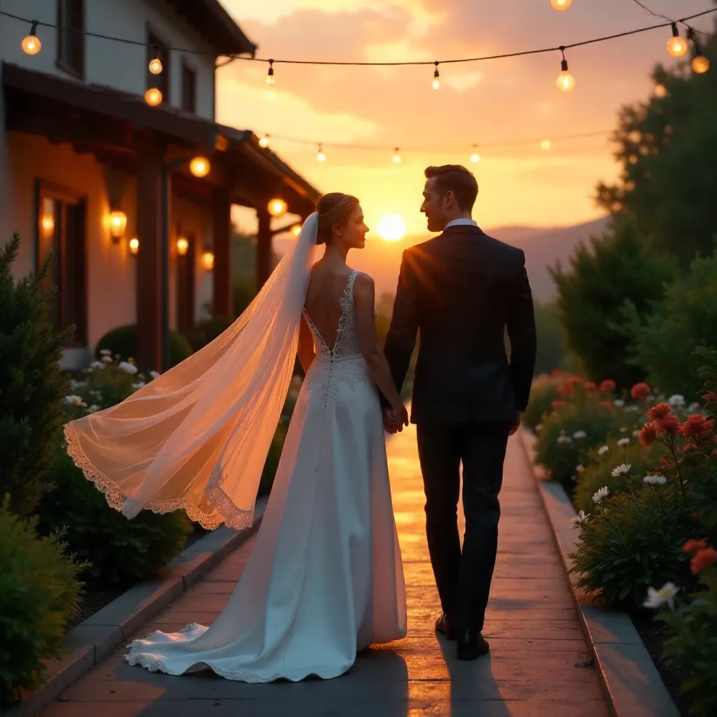 Sunset Wedding Walk Under Dancing Lights