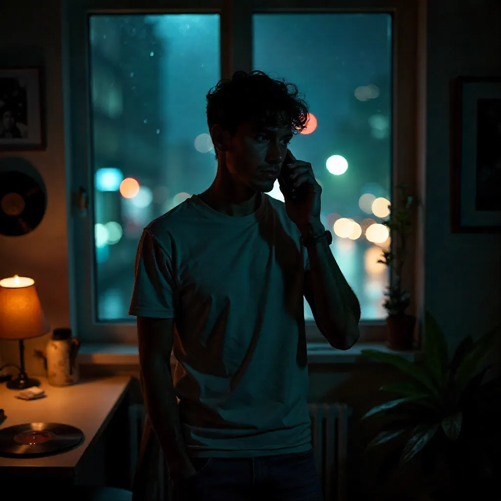Moody Night Phone Call in Dim Light