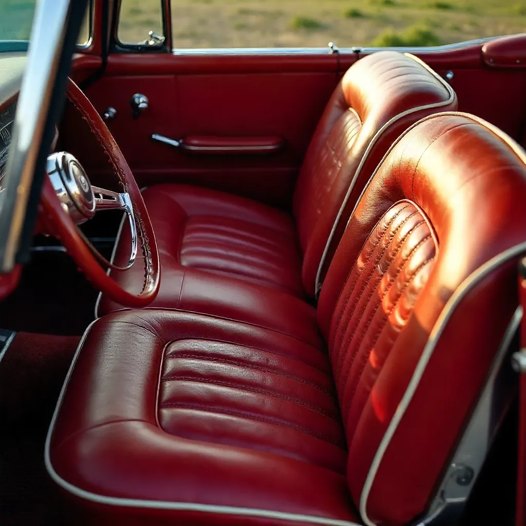 Close-Up of Red Leather Classic Car Interior