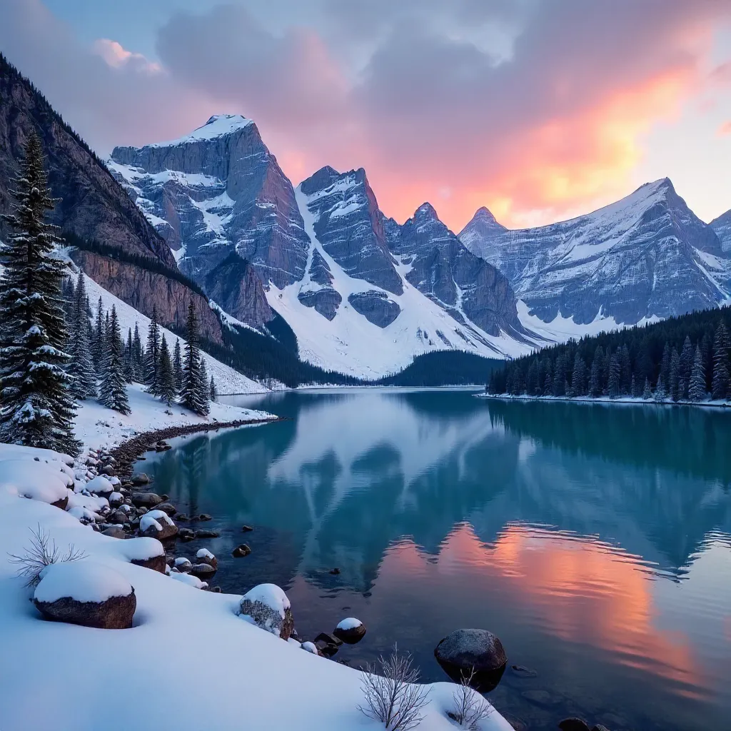 Twilight Alpenglow over Banff Snowy Peaks