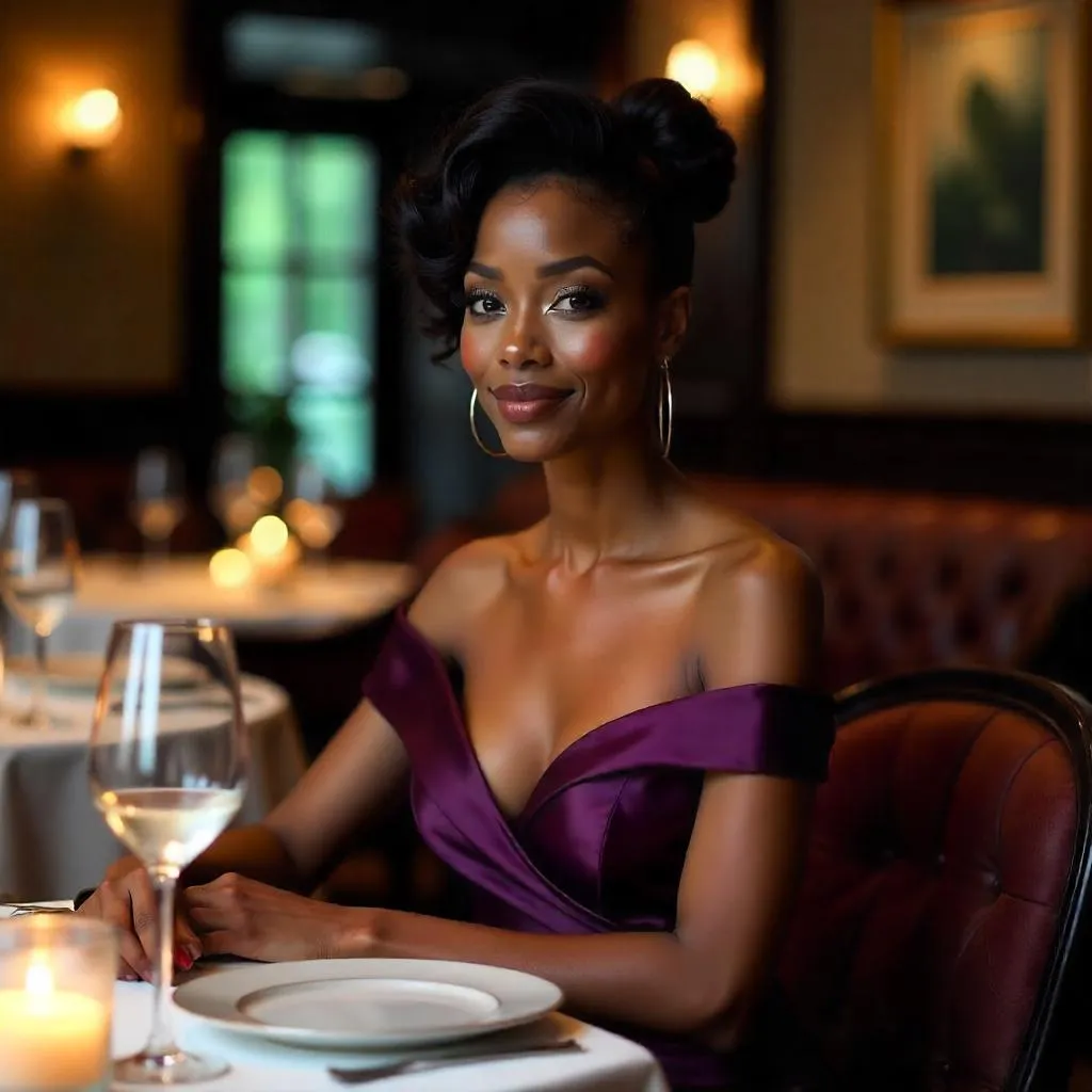 Elegant Black Woman in a Fine Dining Restaurant