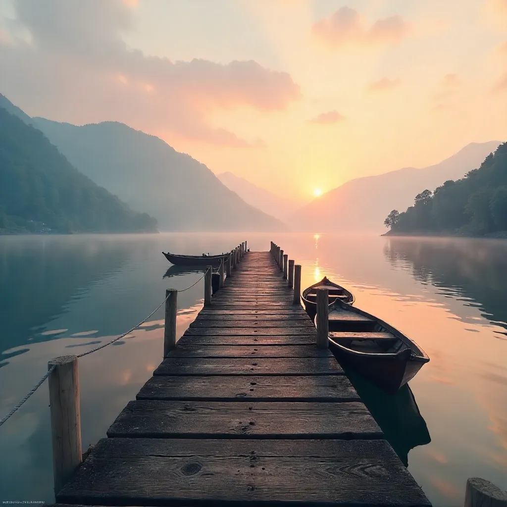 Sunrise Mist over a Peaceful Lakeside Pier