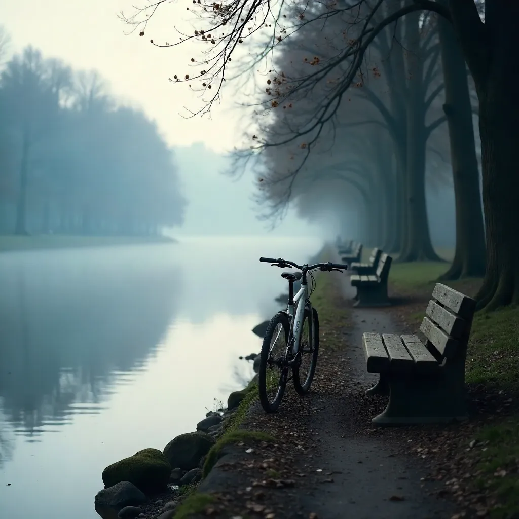 Mist-Kissed Riverbank: A Quiet Bicycle Scene