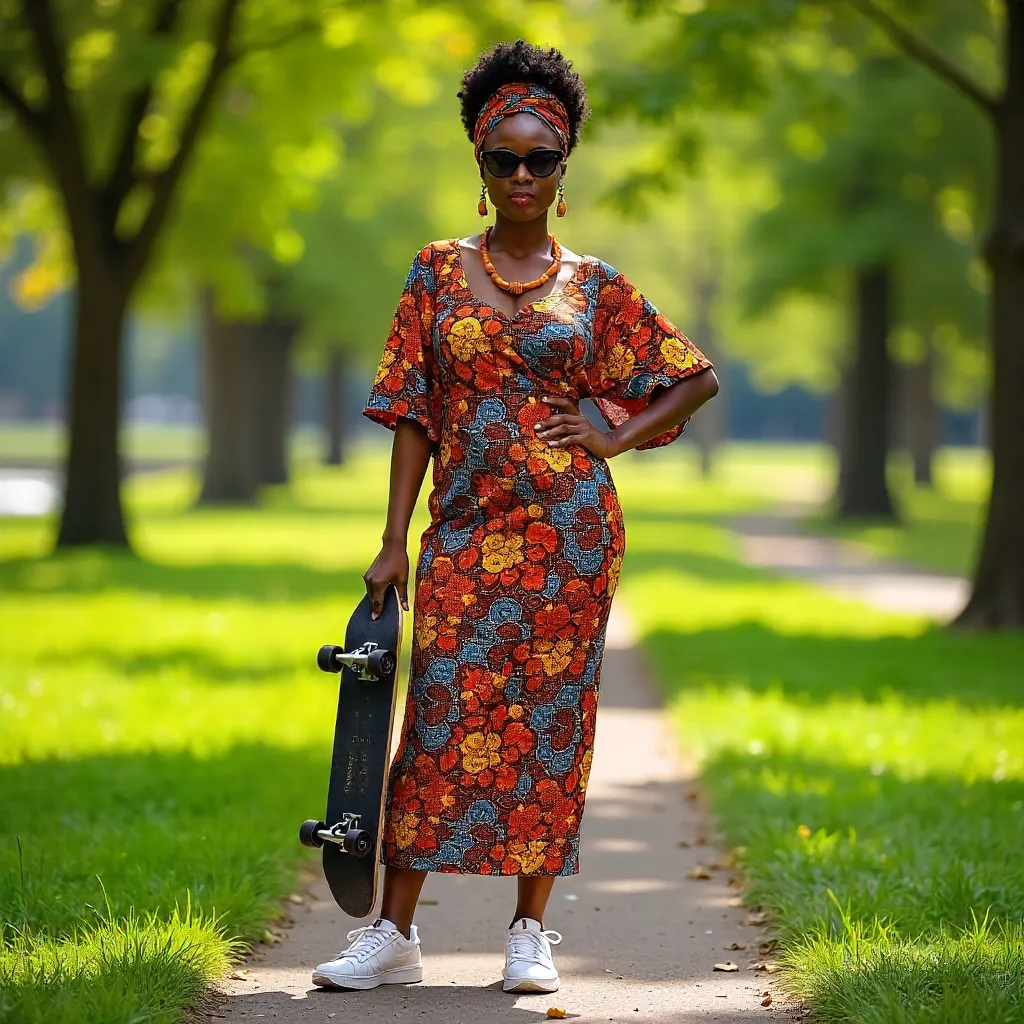 Stylish Nigerian in Ankara Dress with Sunglasses in the Park