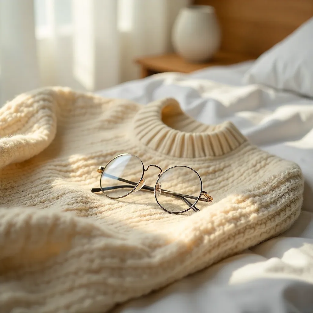 Cozy Beige Sweater with Glasses on a Sunlit Bed