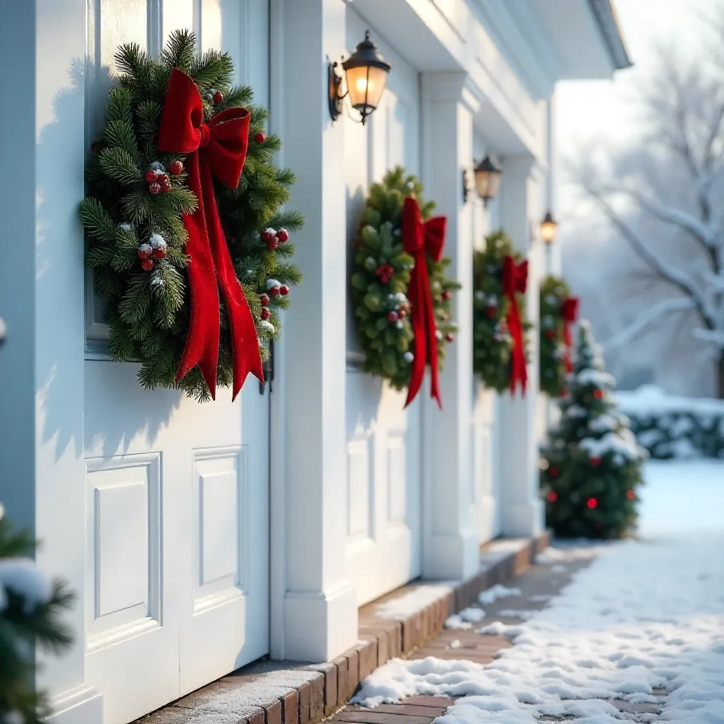 Elegant Wreaths on White Doors in Winter Glow