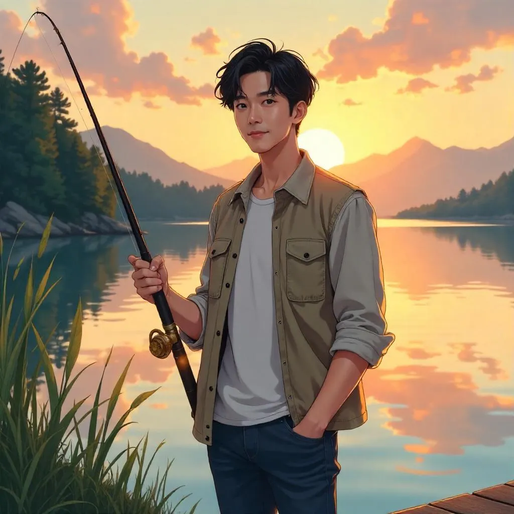 Handsome Asian Man Fishing at Sunset - Anime Style