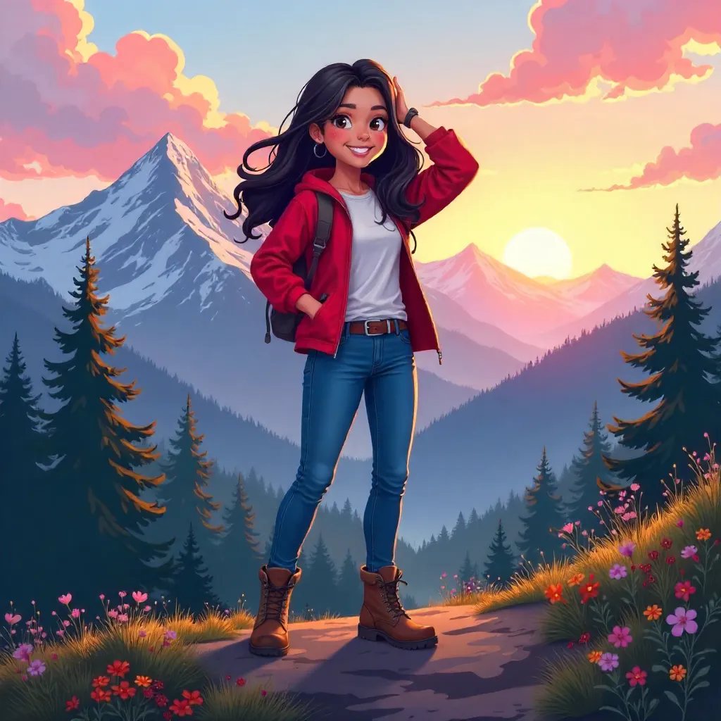 Cheerful Latina in Mountain Sunrise - Anime Style