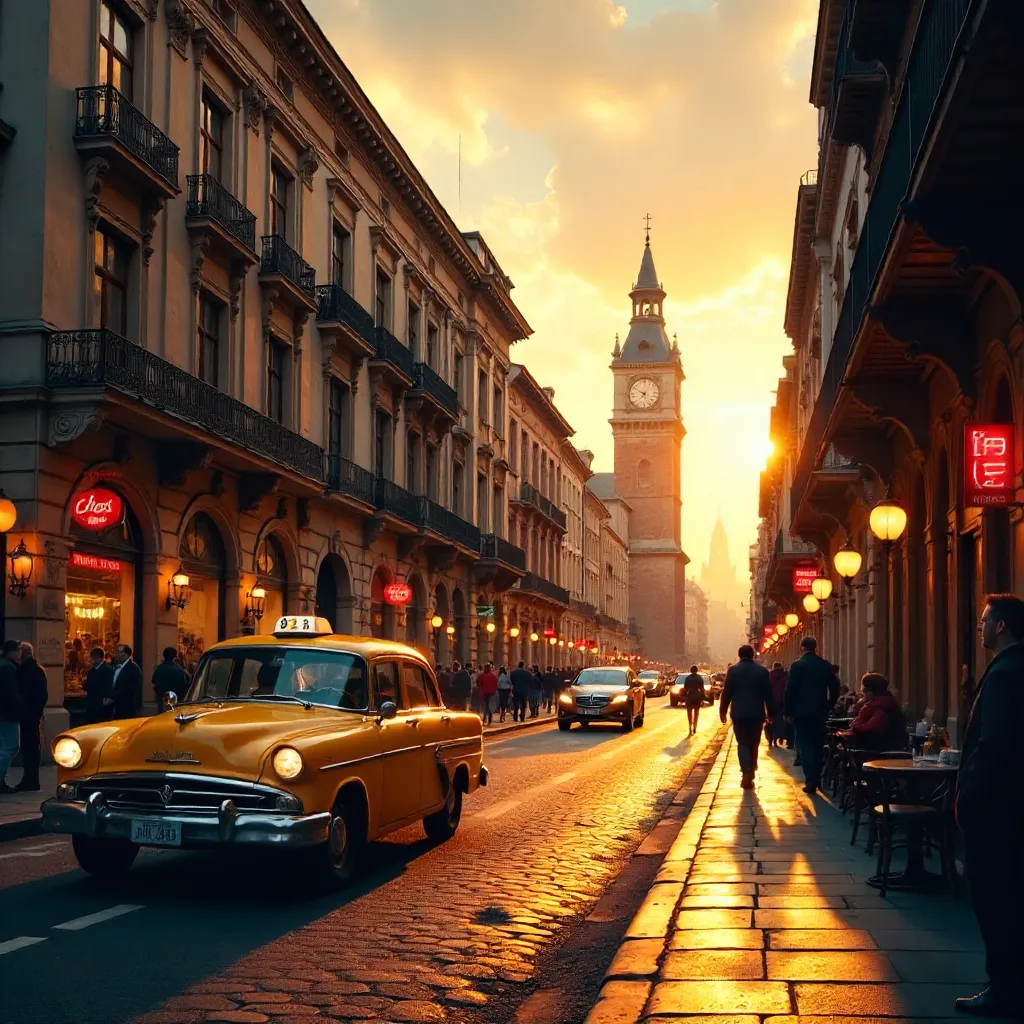 Vibrant Street with Historic Architecture and Yellow Taxi