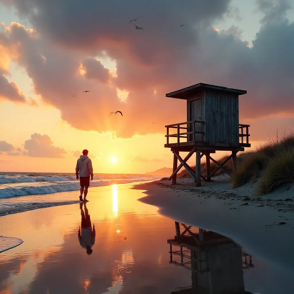 Serene Sunset Beach with Lifeguard Tower and Walker