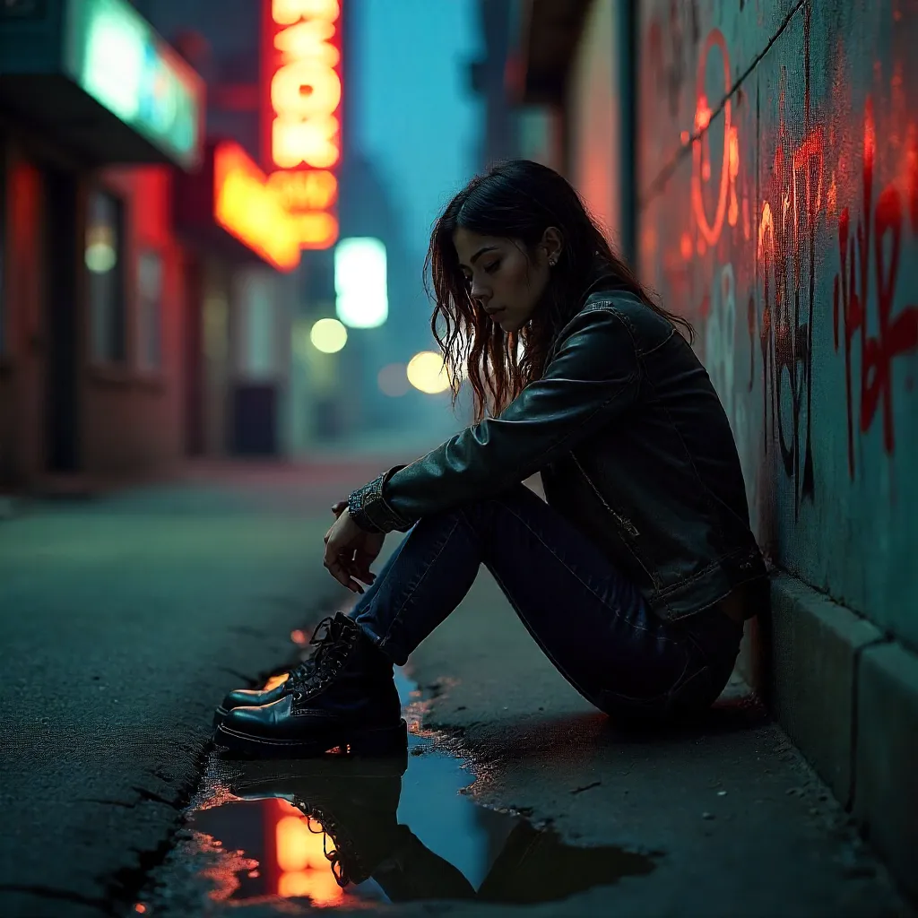 Dramatic Lighting on a Woman in Gritty Street Scene