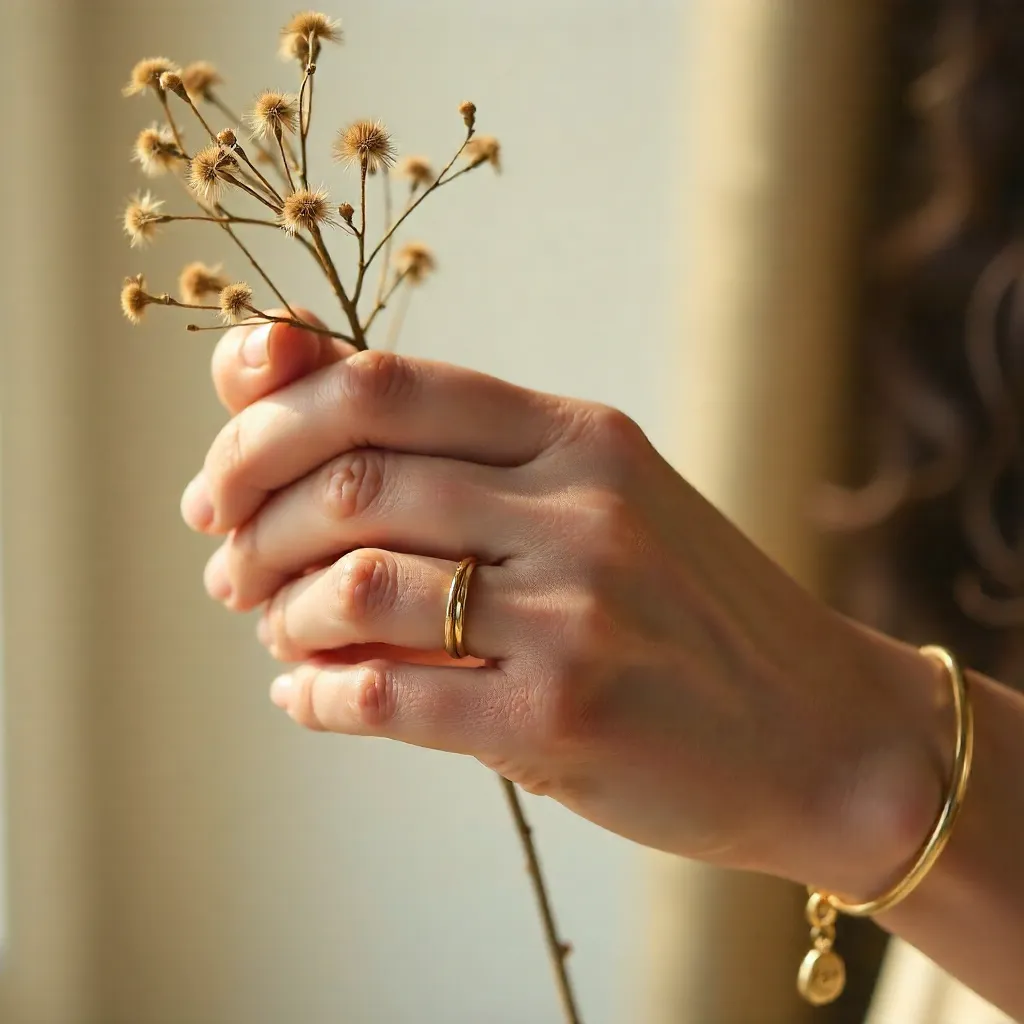 Elegant Minimalist Jewelry on a Hand with Dried Branch