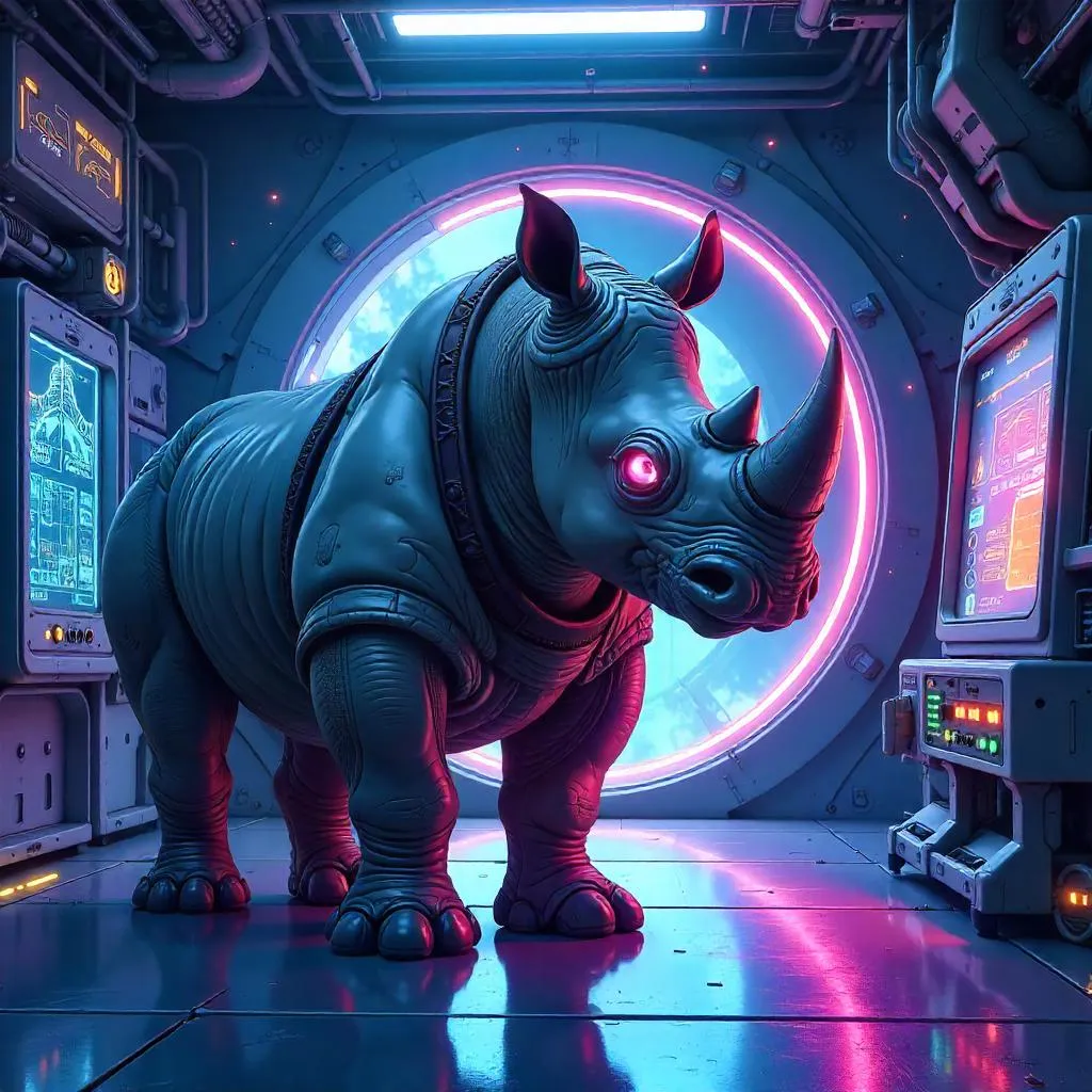 Anime Rhino in a Neon Portal Lab