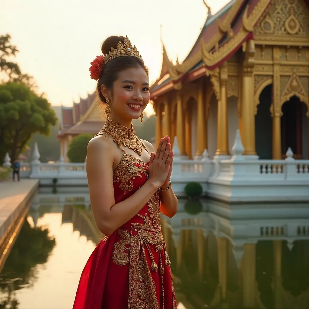 Smiling Woman in Ornate Thai Dress at Temple