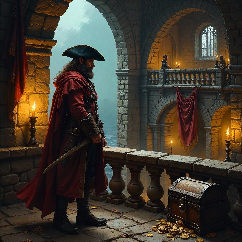 Pirate in a Medieval Castle: An Oil Painting