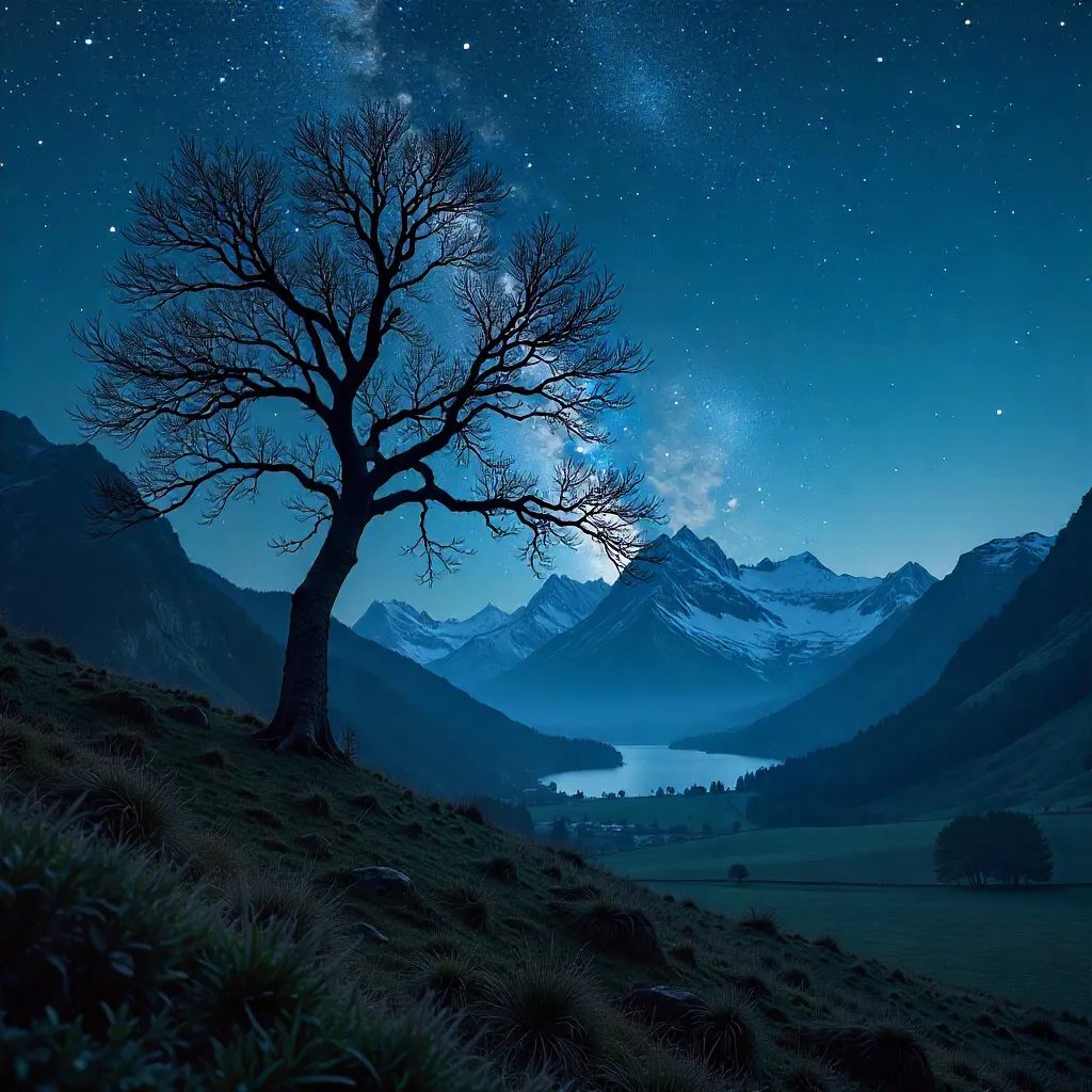 Leafless Tree Silhouette in Starry Austrian Wilderness