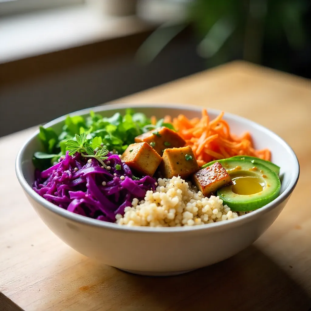 Vibrant Buddha Bowl with Fresh Veggies, Tofu and Soy Sauce