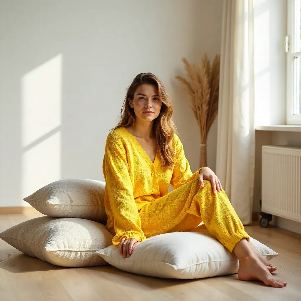 Woman in Yellow Loungewear in a Minimalist Room