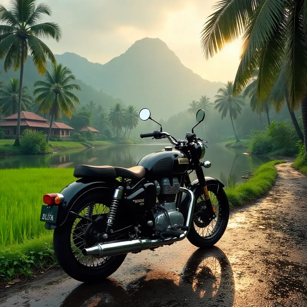 Black Vintage Motorcycle in Kerala Backwaters