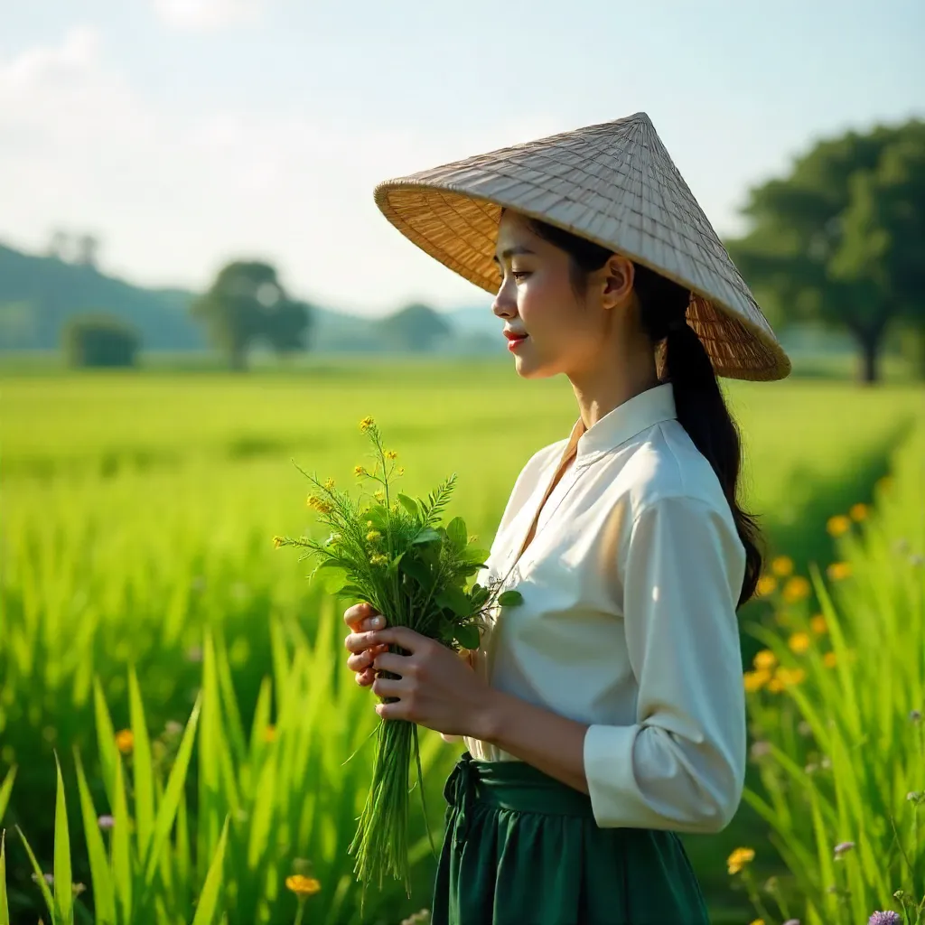Conical Hat in a Lush Green Field Holding Plants