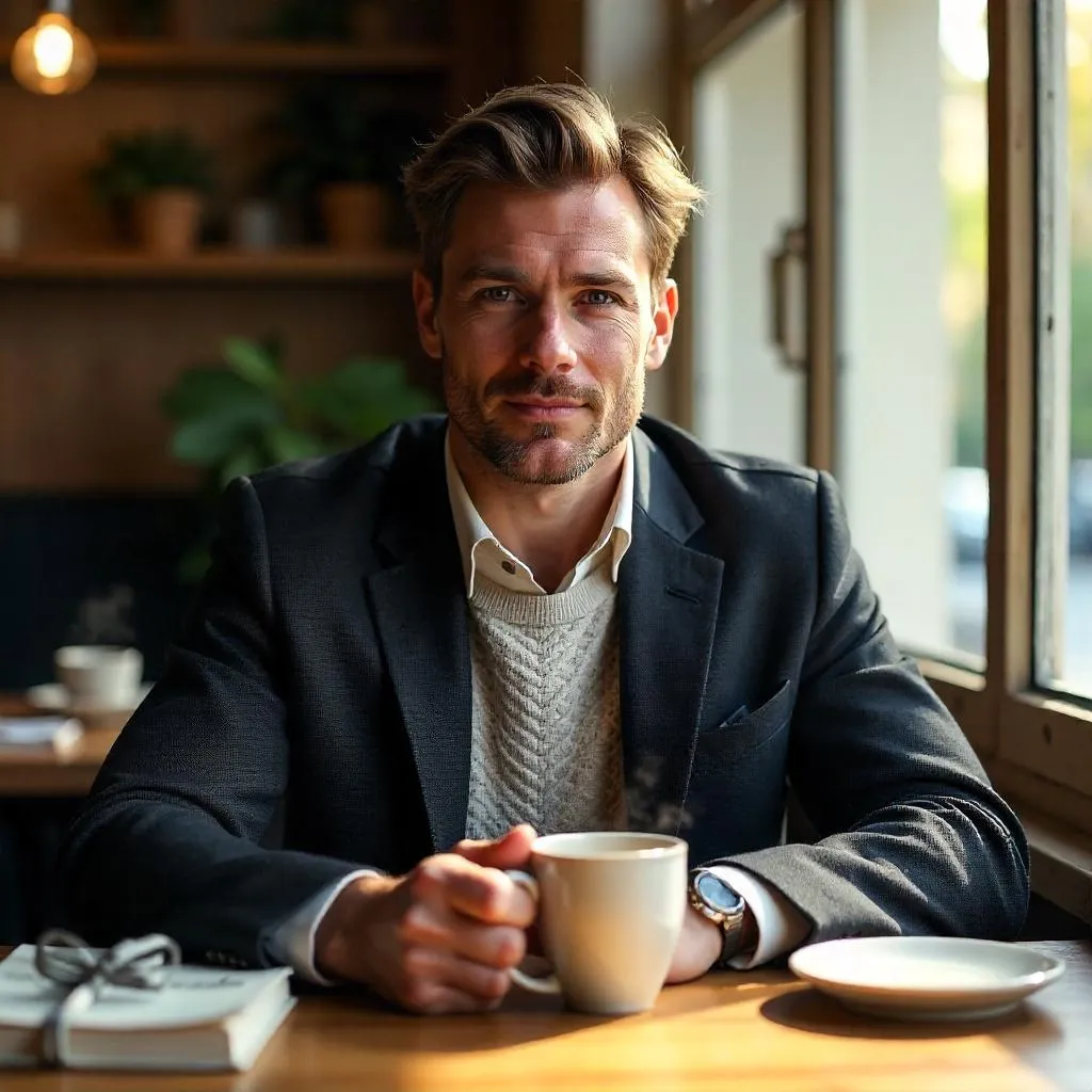 Handsome White Man in a Cozy Cafe