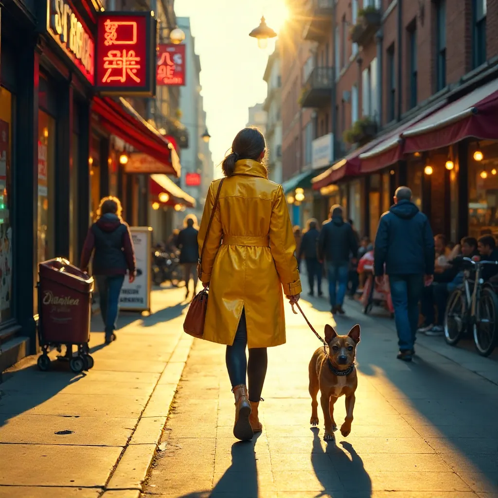 Bright Yellow Coat Walking a Dog Through a Colorful City Street
