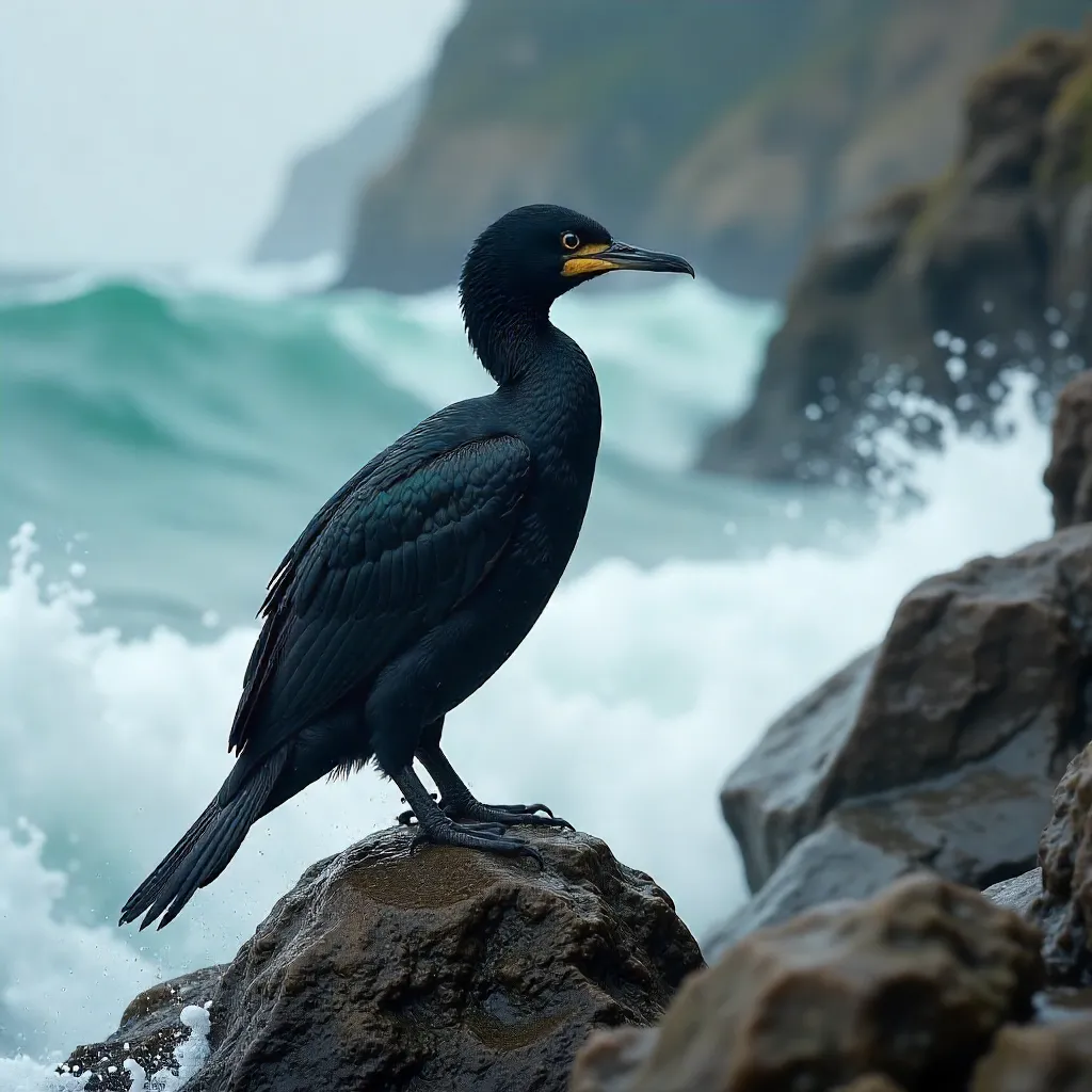 Cormorant on Rocks Amid Splashing Waves