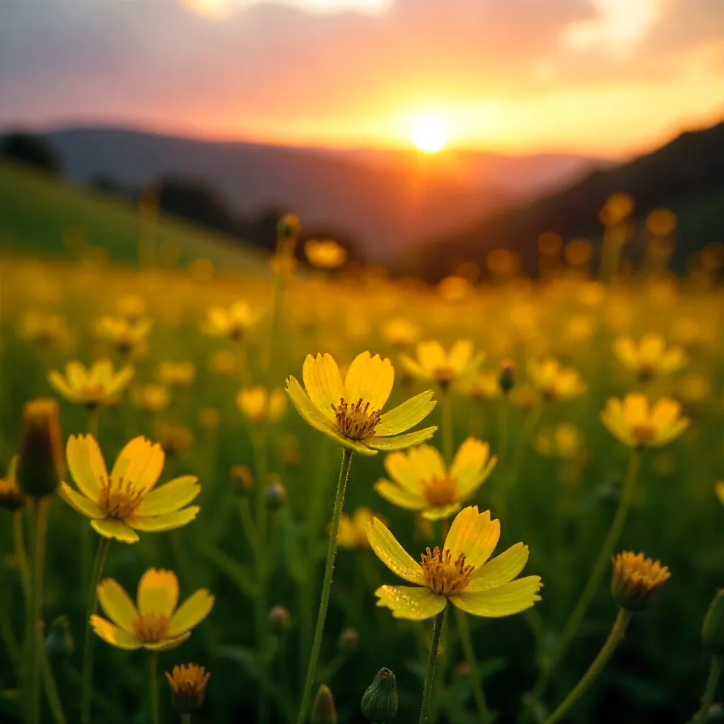 Golden Hour Yellow Wildflowers in Sunset Glow