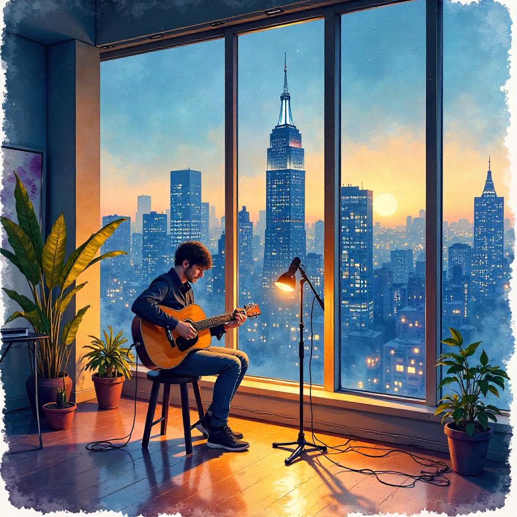 Watercolor Musician in a High-Rise Studio