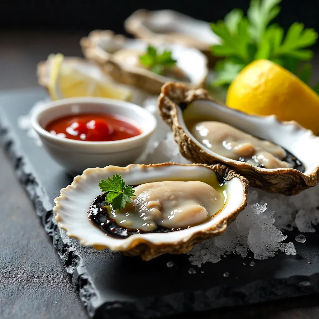 Fresh Oysters on Ice with Lemons and Hot Sauce