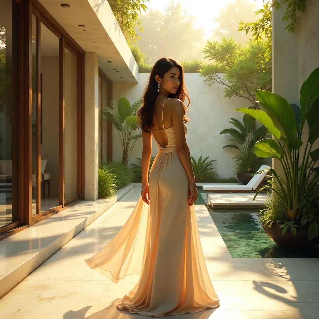Elegant Asian Woman in a Tranquil Villa