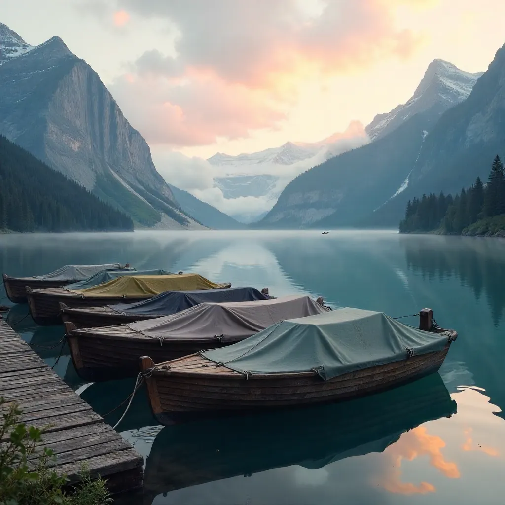 Dawn Over the Mountain Lake with Covered Boats