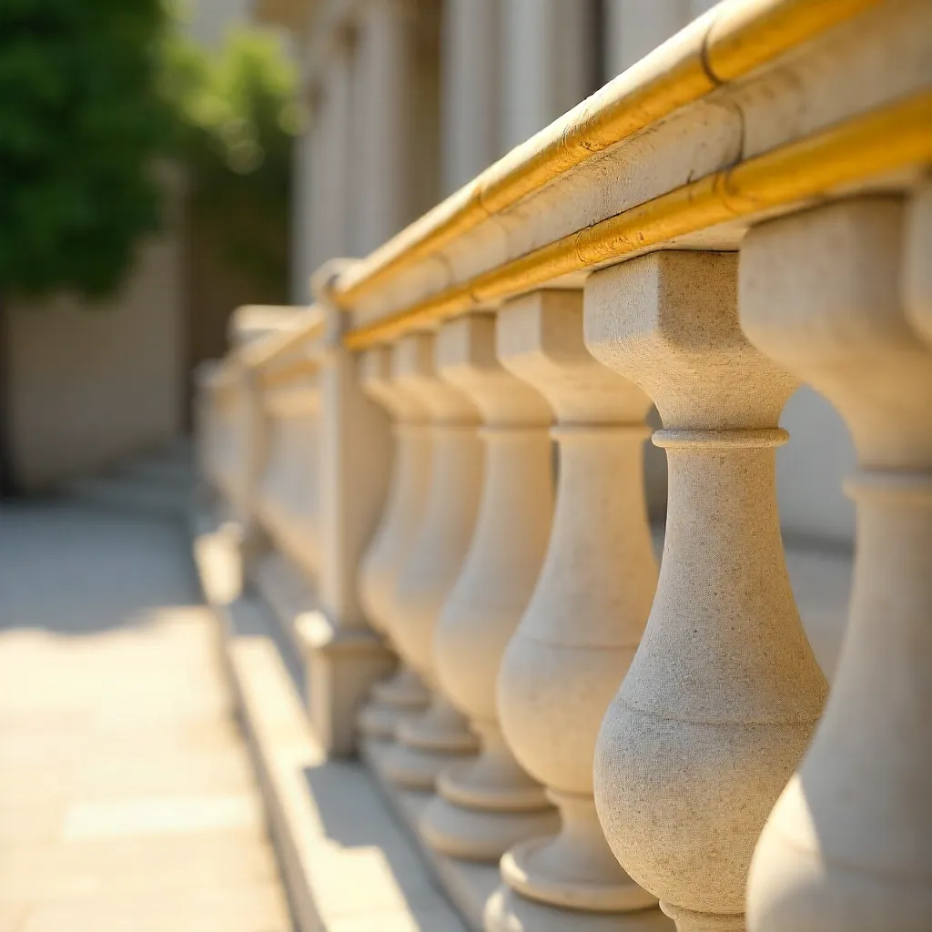 Close-up of a white stone balustrade with yellow accents