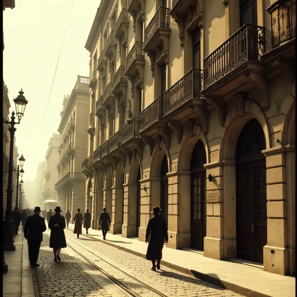 Sepia Vintage Barcelona Building with Pedestrians
