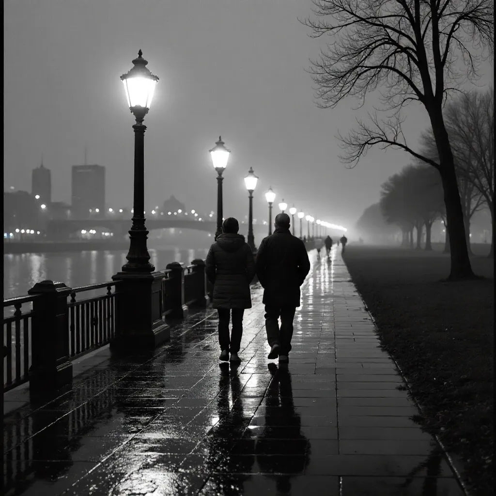 Nocturnal Riverside Promenade: Two Figures in Shadow