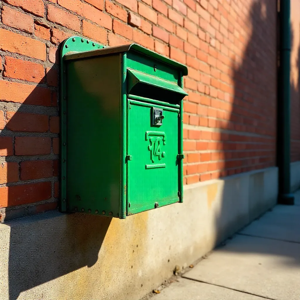 Green Postbox on Wall Casting a Long Shadow